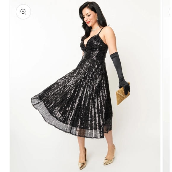 Unique Vintage 1950s Black Pleated Sequin Swing Dress Large - Picture 1 of 4
